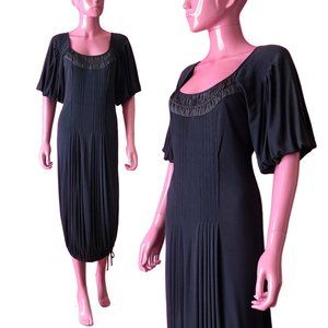 Max Azria 00s S Midi Dress Navy Blue Jersey Pin Tuck Woven Ribbon Drawstring Hem